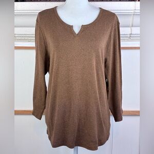 Chico's Brown All Cotton Long Sleeve Top w/ mini V neck soft n cozy NWOT